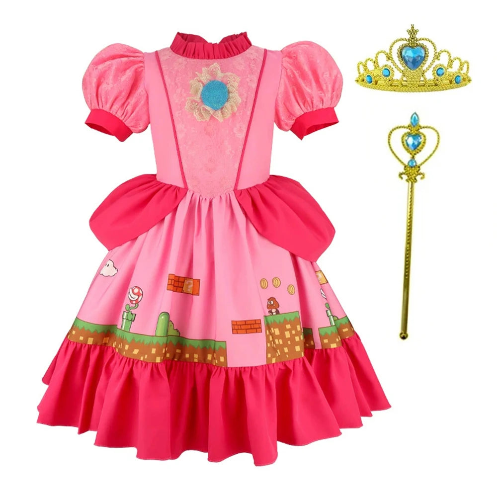 Kids Girls Summer Dresses Short Sleeve Print Costume New Movie Peach Princess Cosplay Dress Children Party Dress Birthday Gift