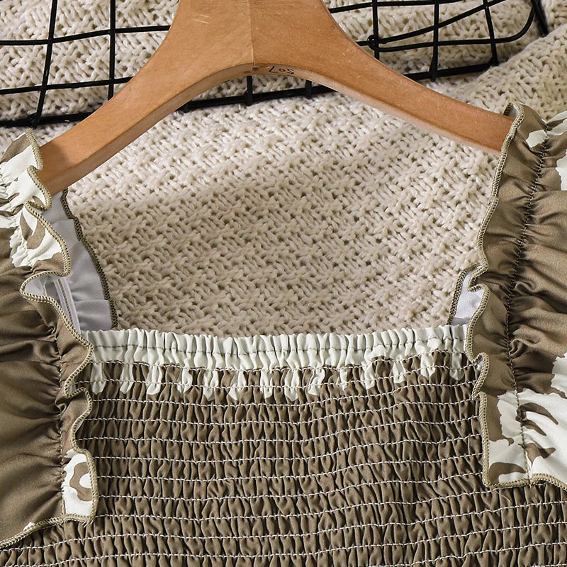 Girls 8-12 Casual Jumpsuit, Brown Floral Print Ruffle Strap Smocked Bodice Jumpsuit with Belt, Boho for Daily Summer Wear