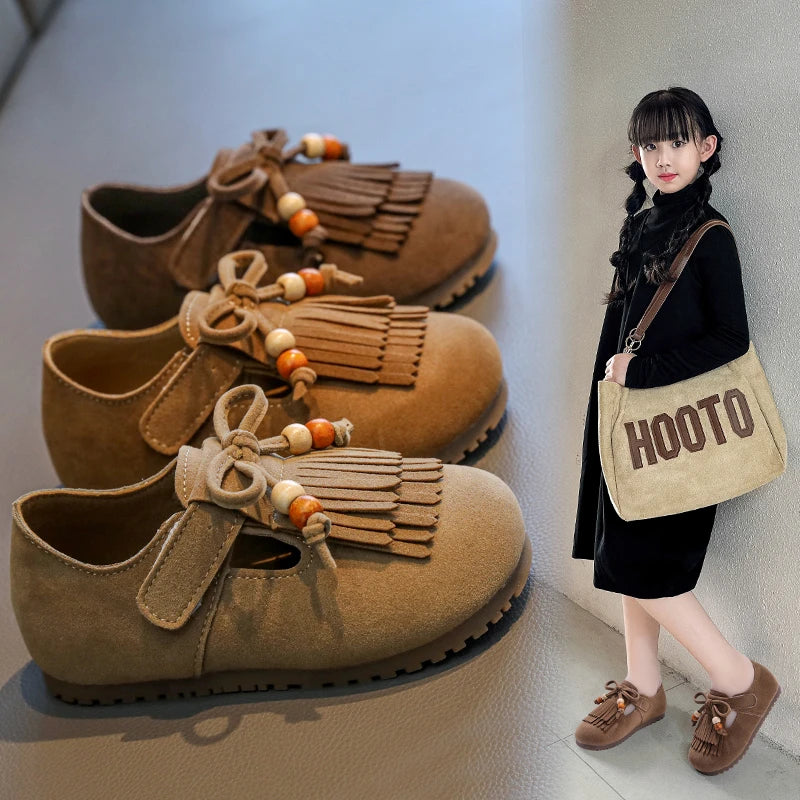 Girls' All-inclusive fringed Boken shoes 2025 Autumn Edition Soft-soled little girl princess Shoes Children's Bean single shoes