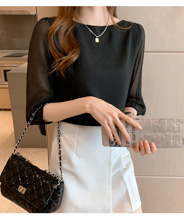 Blusas Para Mujer 2026 New Women Blouse Shirt O-Neck Black Chiffon Blouse Shirt Women Tops Blouses Shirts Blusas Camisas E474