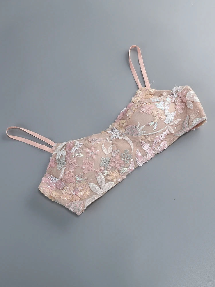 Women Floral Skirt Three Piece Sets Sexy Black Straps Top + Embroidered Sequins Bra + A-line Mini Skirts Suits Evening Cocktail