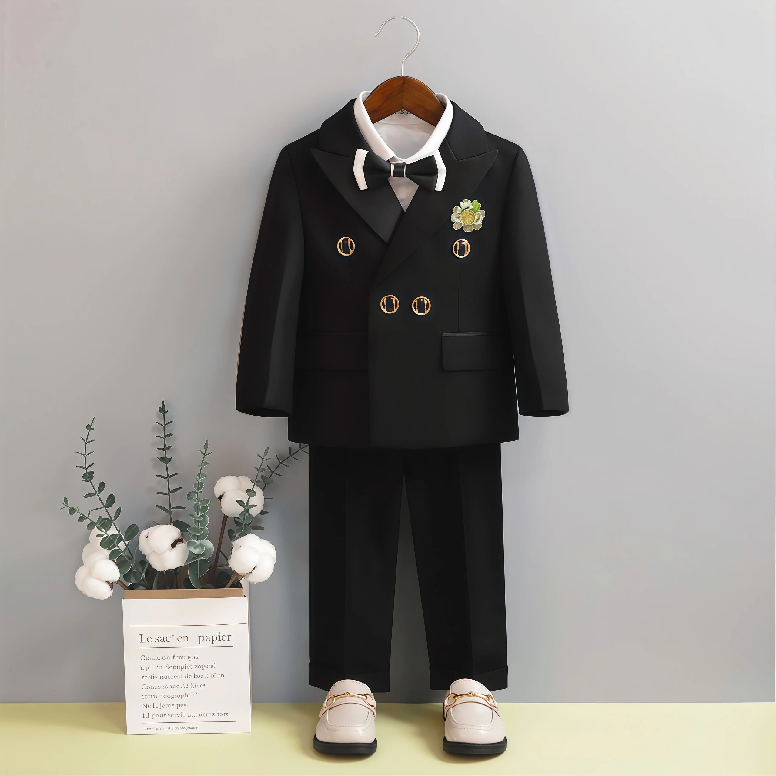 Children Three-Piece White Wedding Suit Kids Jacket Pants Bow Tie For Flower Boys Birthday Tuxedo Party Photograph Formal Outfit