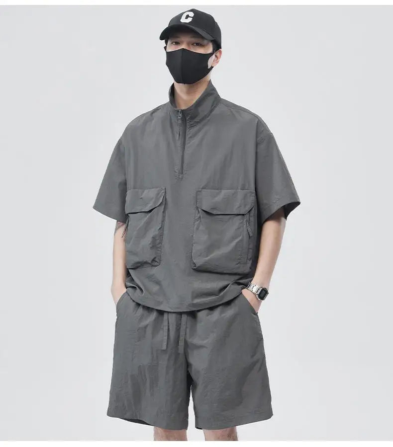 Casual Sportswear Suit for Men Solid Color Loose A Complete Set of Teenagers American Handsome Loose Versatile Two-piece Set