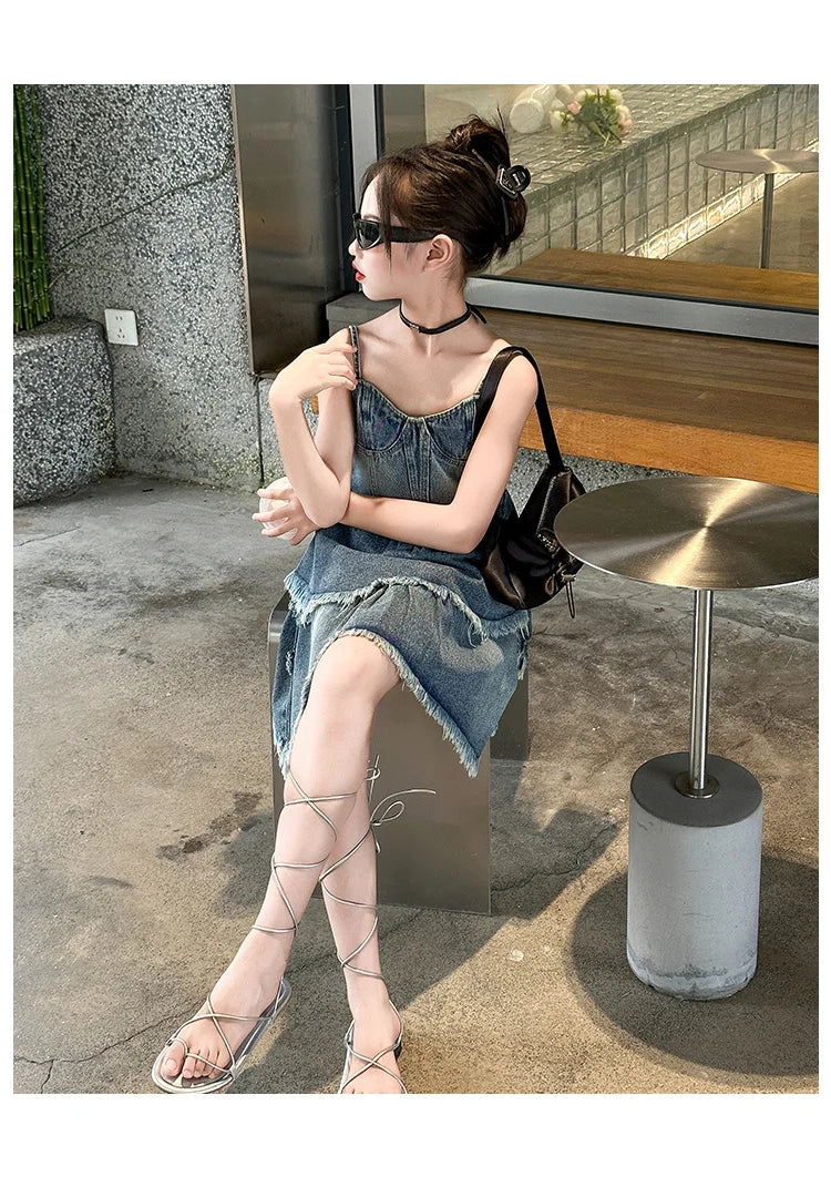 Teen Girls Denim Dresses Summer Sleeveless One-Piece Clothes Kids Jumpsuit Overalls Solid Color Dress Fashion Children's Costume