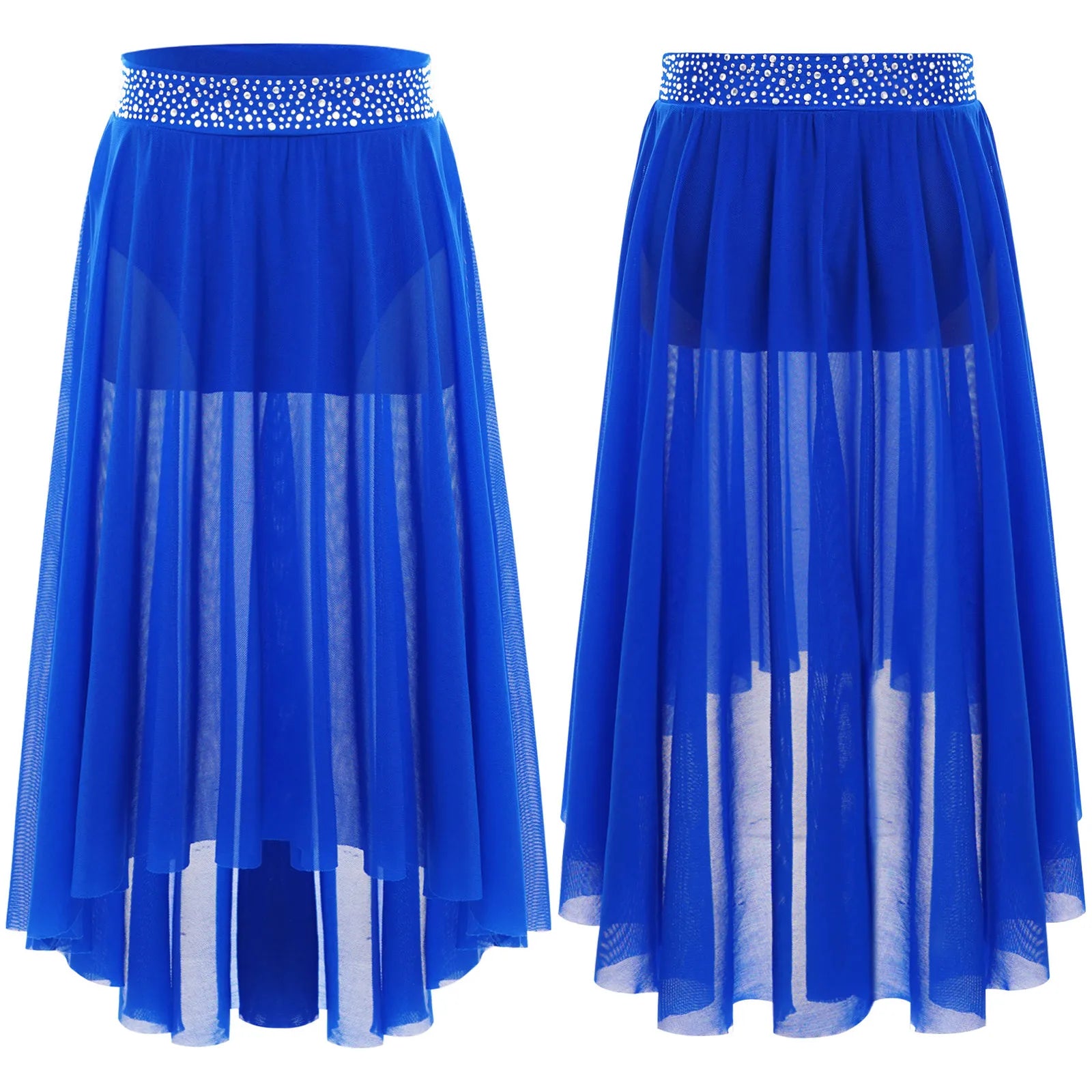 Kids Girls Lyrical Modern Dance Skirt Shiny Rhinestones Open Front Flowy Sheer Mesh Skirt with Built-in Briefs Ballet Dresses