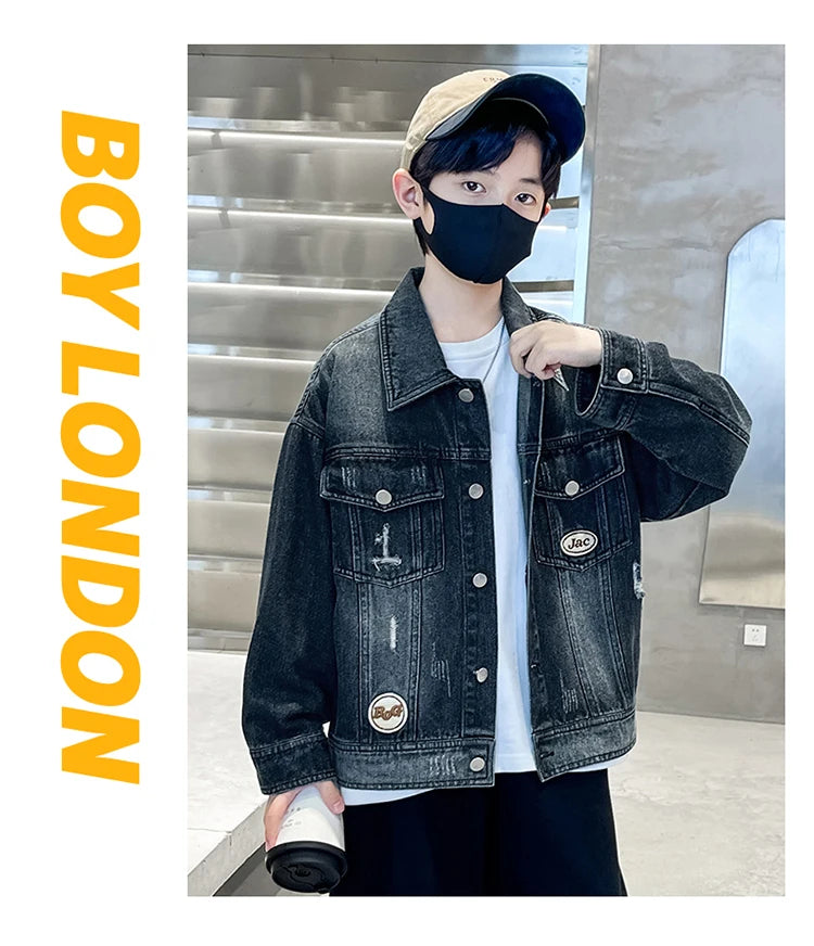 Kids Luxury Clothing Black Blue Denim Jacket for Teenage Boy Spring Autumn Ripped Denim Jacket Coat Child Casual Outfit Age 5-14