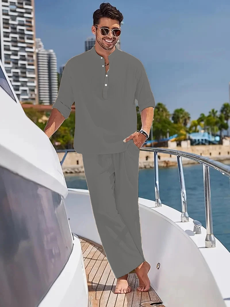 Men's White Linen Suit Set Long Sleeve Henley Shirt and Elastic Waist Pants Two Piece Outfit Summer Casual Comfortable
