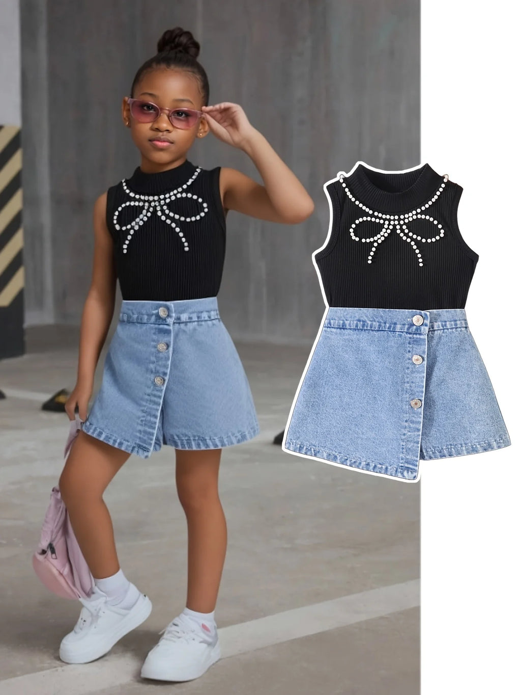 Girls' two-piece summer small round neck sleeveless pearl decoration top paired with denim shorts, fashionable and simple