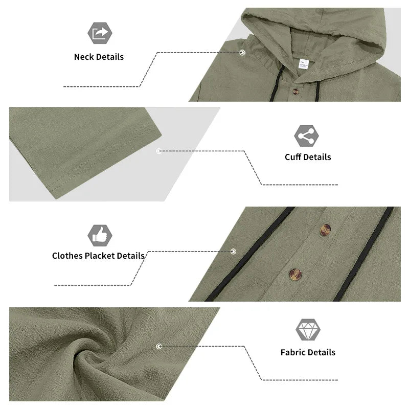 Men's Linen Hooded Sets 2 Piece Outfit Summer Casual Long Sleeve Hoodie and Wide Leg Pants Set for Men