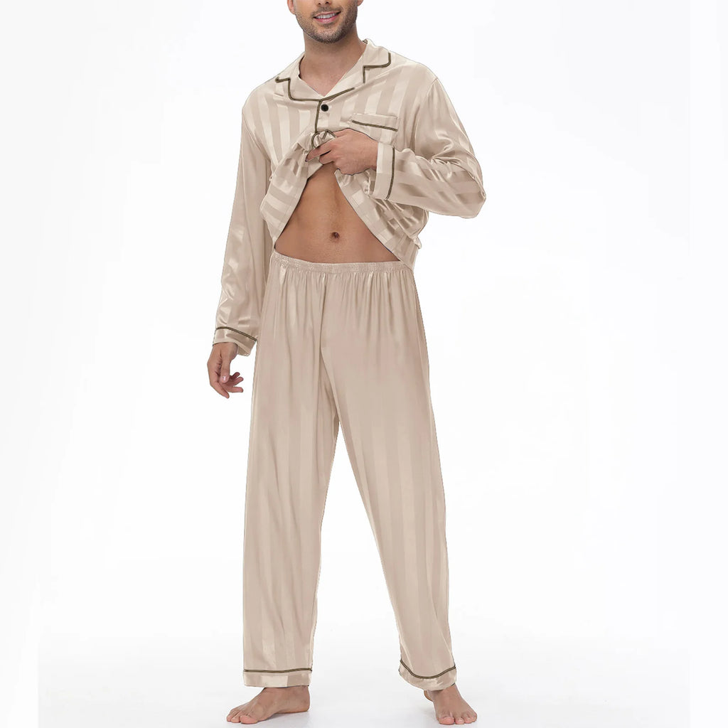 Men Pajamas Sleepwear 2PCS Set Navy Blue Stripes Long Sleeve Trouser Suits Home Clothes Male Loose Silk Satin Pijamas Loungewear