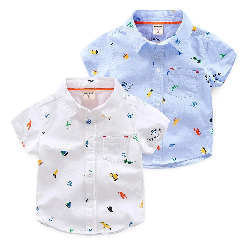 2 3 4 5 6 Years Boys Short Sleeve Collar Shirt Summer Children's Clothing Cotton Toddler Kids Cartoon Casual Tops White Blue