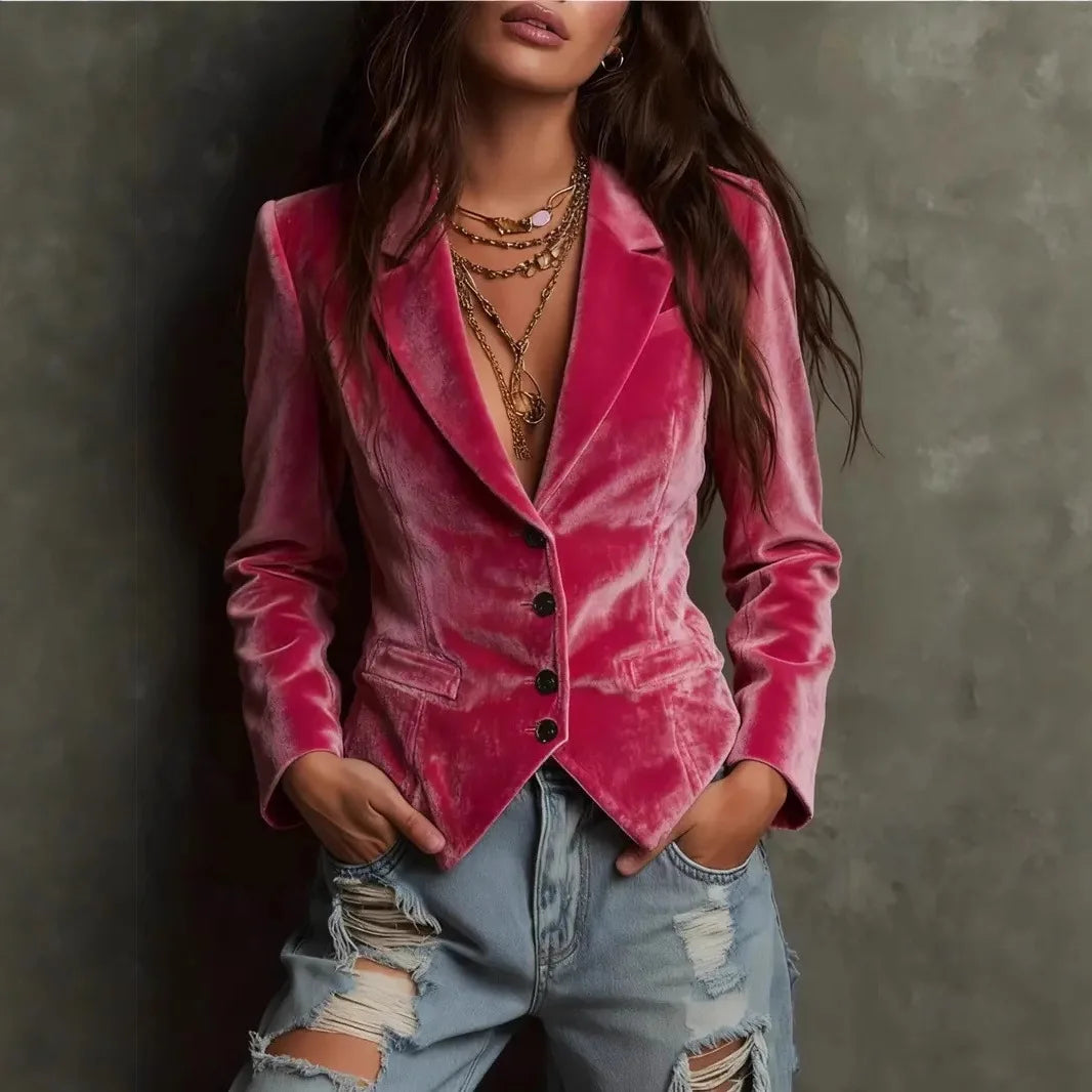 Velvet Blazers for Women Jacket Single Breasted Suit Collar Blazer Coat Solid Long Sleeve Simple Fashion Female Outerwear