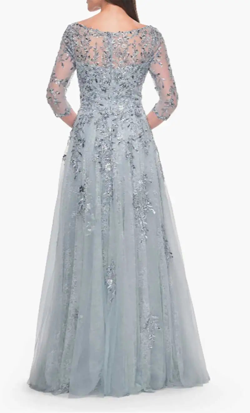 Women's Elegant Evening Dress Prom Dress Formal Gown Boat Neck 3/4 Sleeves Lace Applique Draped A-line Cocktail Dress Customized
