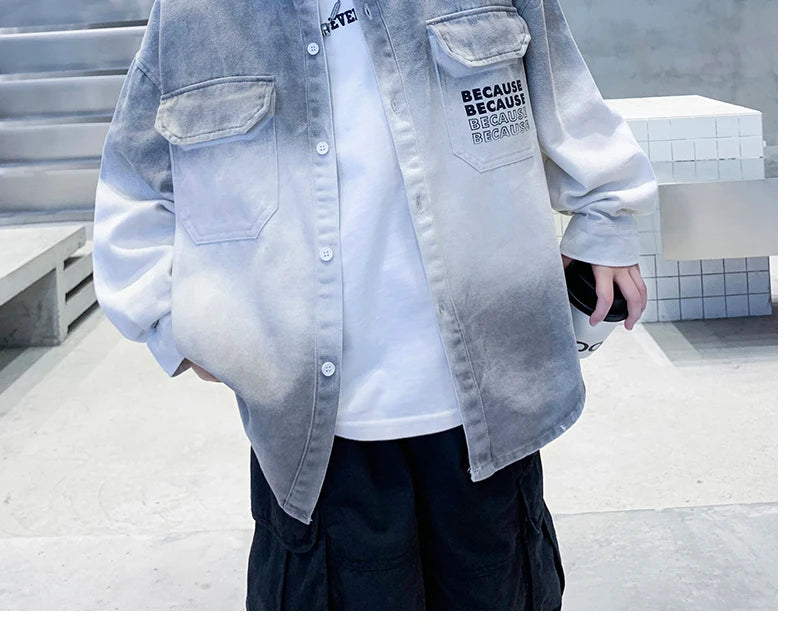 Loose Teenage Boy Gray Gradient Denim Shirt Jacket For Child Age 5 6 7 8 9 10 11 12 13 14 Years Kids Casual Spring Clothing Coat