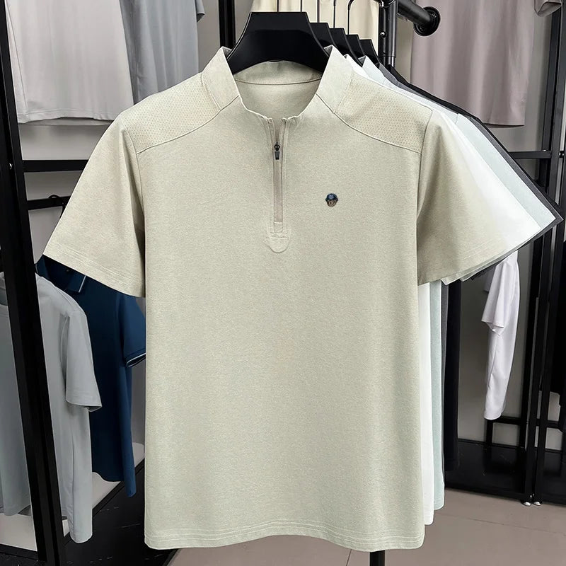 Men's Summer New Bear Embroidered T-Shirt Beach Casual Mesh Half Zipper Short Sleeve Soft Comfortable Splicing Men's Clothing