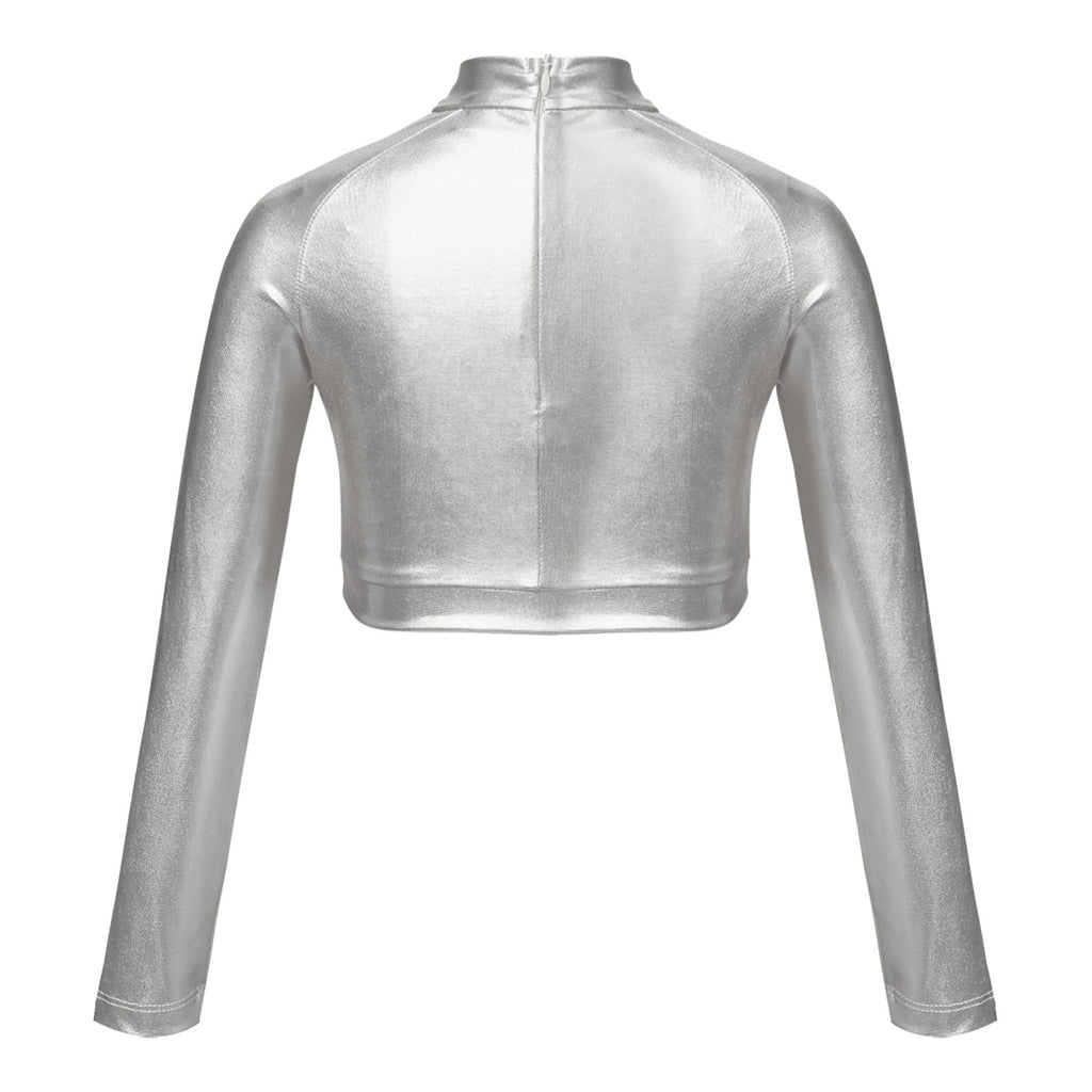 Kids Girls Shiny Metallic Crop Top Mock Neck Long Sleeve Front Sequin Fully Lined Athletic T-Shirts Jazz Hip-hop Dance Tops