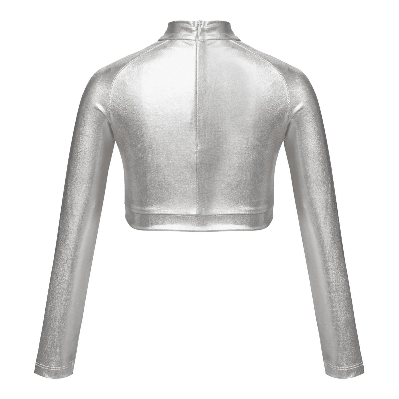 Kids Girls Shiny Metallic Crop Top Mock Neck Long Sleeve Front Sequin Fully Lined Athletic T-Shirts Jazz Hip-hop Dance Tops