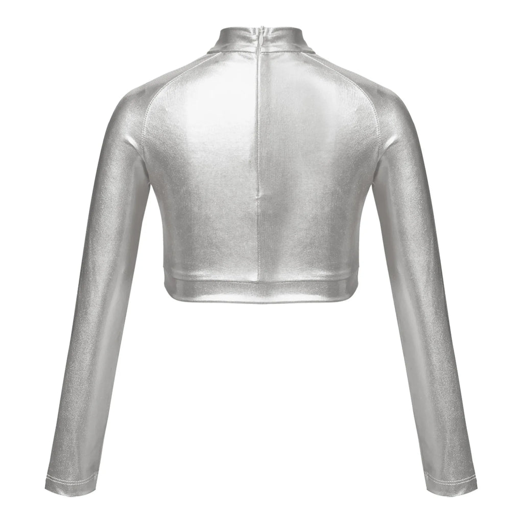 Kids Girls Shiny Metallic Crop Top Mock Neck Long Sleeve Front Sequin Fully Lined Athletic T-Shirts Jazz Hip-hop Dance Tops