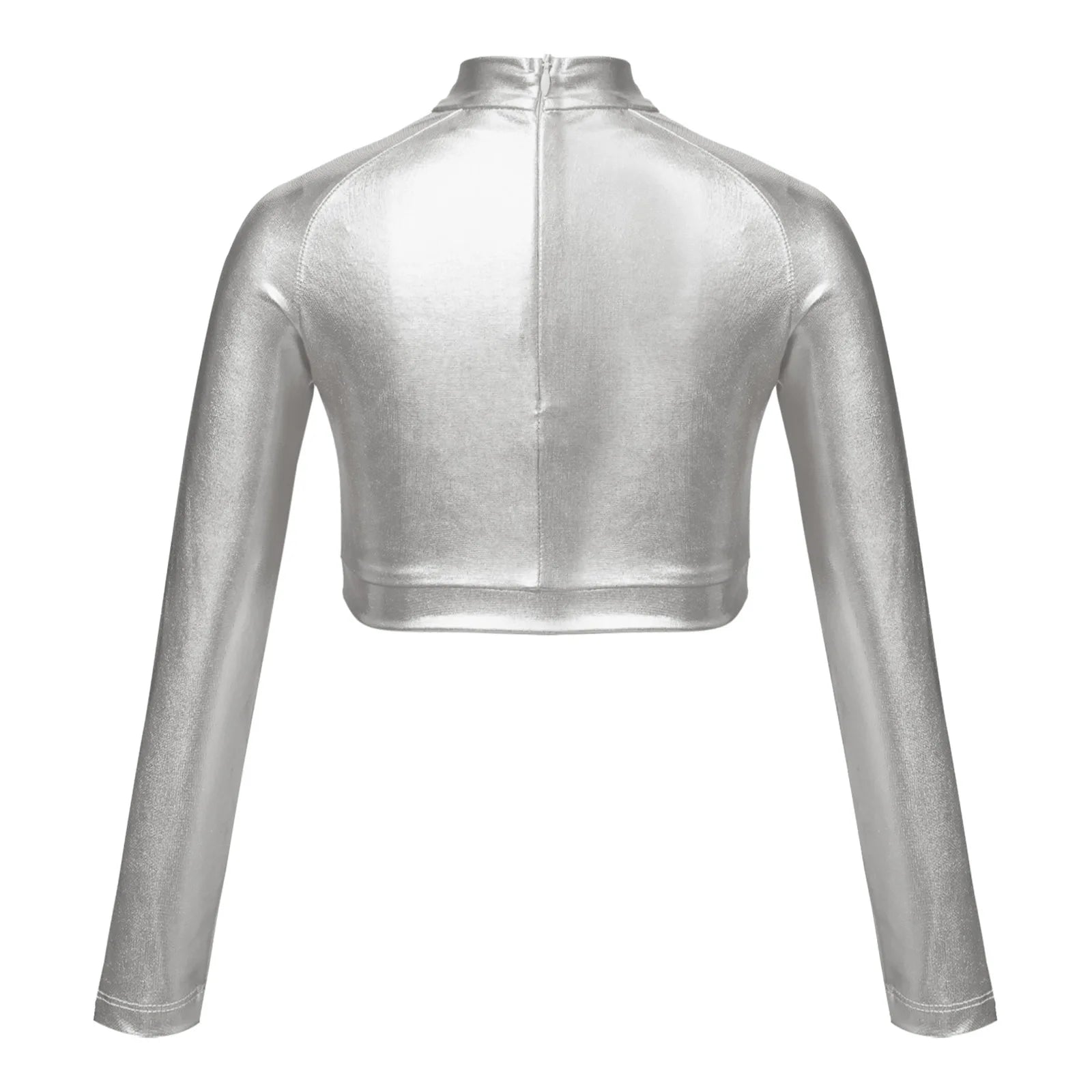 Kids Girls Shiny Metallic Crop Top Mock Neck Long Sleeve Front Sequin Fully Lined Athletic T-Shirts Jazz Hip-hop Dance Tops