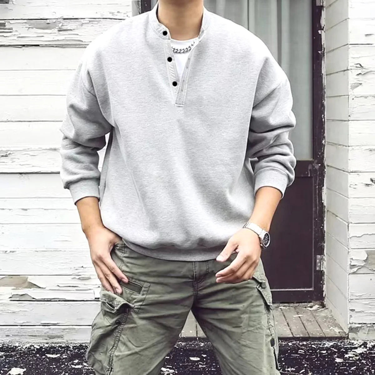 Men's Loose Fit Solid Color Crew Neck Sweatshirt Henry Collar Spring Fashion Retro Japanese Style Streetwear
