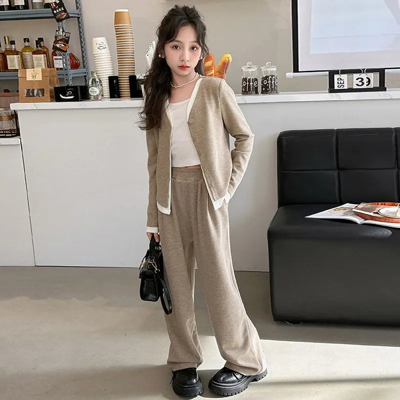 Korea Style Girls Casual Clothing Sets Single Button V-Neck Fake Splice Top and Pants Two Pieces Grey Khaki Kids Teenage Outfits