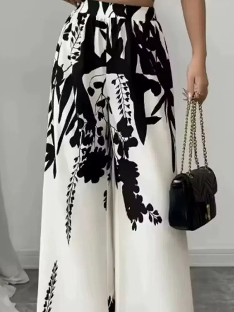 Women's Trousers Fashionable High Street Black And White Flower High Waist Casual Wide Leg Pants 2026 Spring Summer New Style