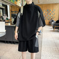 【T-Shirt + 5-Point Shorts】Men's T-Shirt Set Summer Fashion Nylon Blend Diagonal Neck Streetwear Sports Leisure Two-Piece Suit