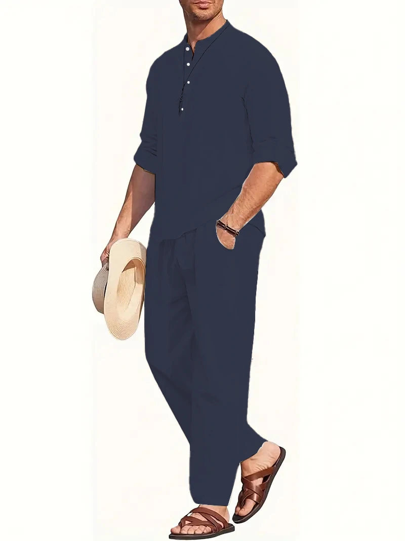 Men's White Linen Suit Set Long Sleeve Henley Shirt and Elastic Waist Pants Two Piece Outfit Summer Casual Comfortable