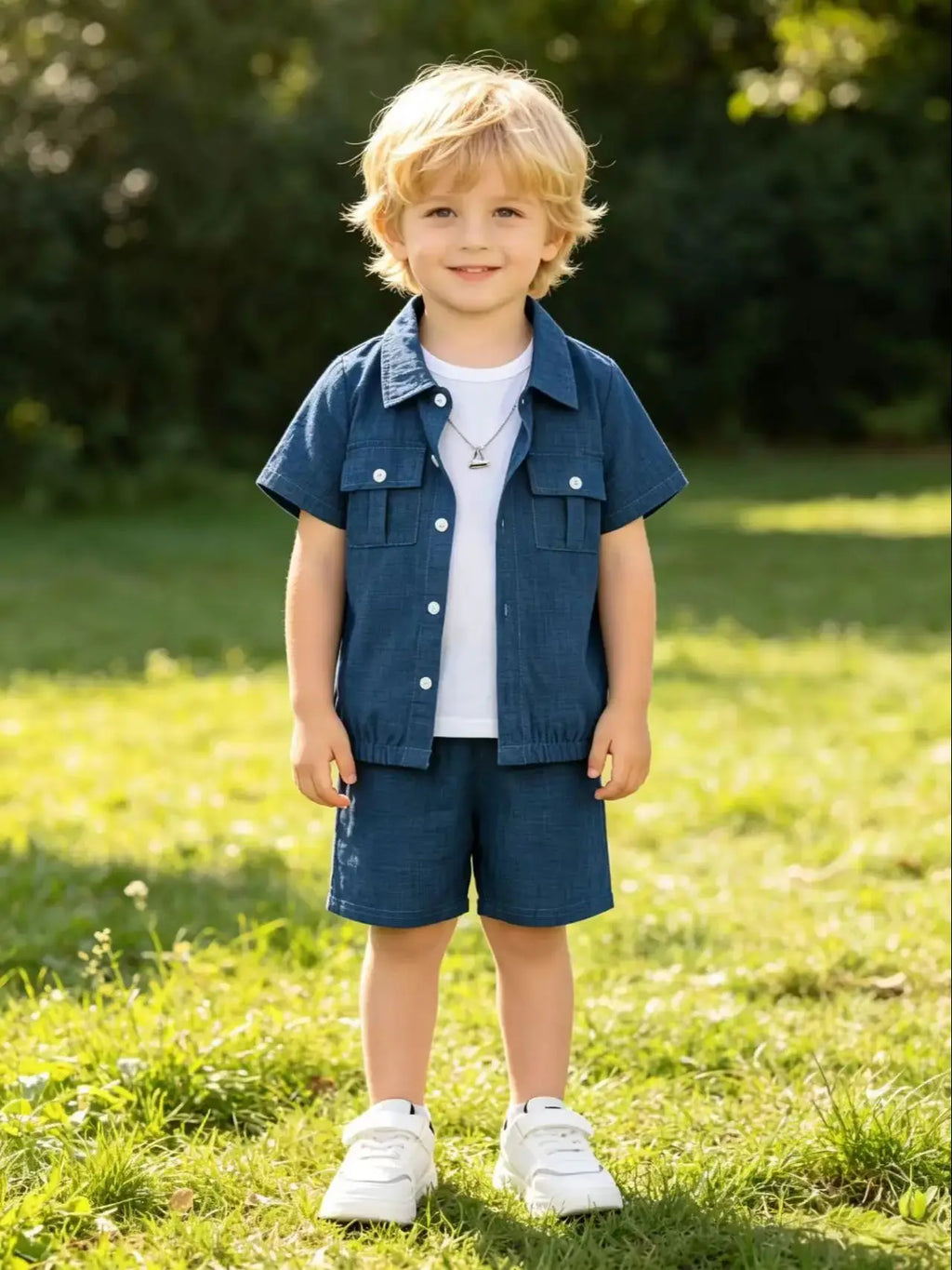 Boys Preppy Denim Blue Button Down Shirt 2Pcs Outfit, Short Sleeve Top + Shorts, Kids Summer Casual Clothes 3-12Y