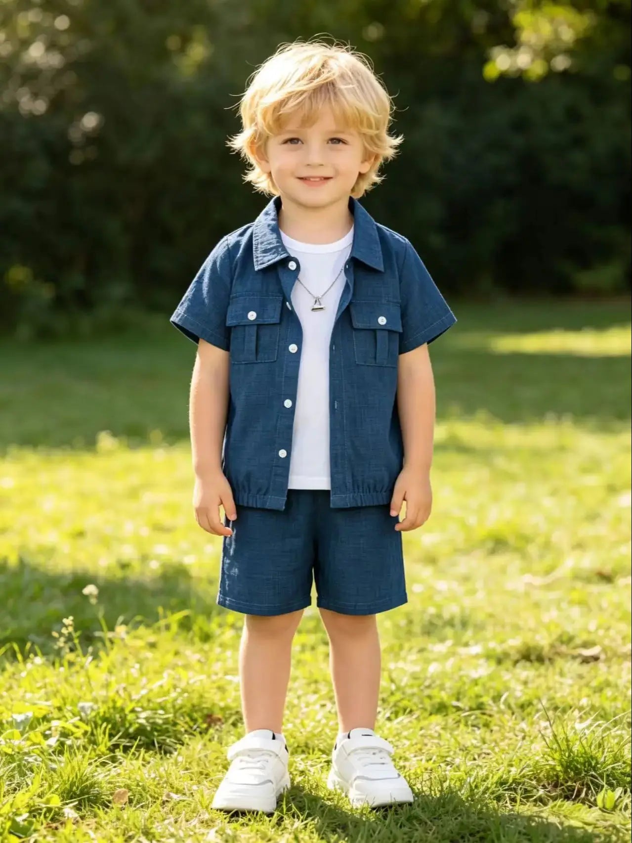 Boys Preppy Denim Blue Button Down Shirt 2Pcs Outfit, Short Sleeve Top + Shorts, Kids Summer Casual Clothes 3-12Y