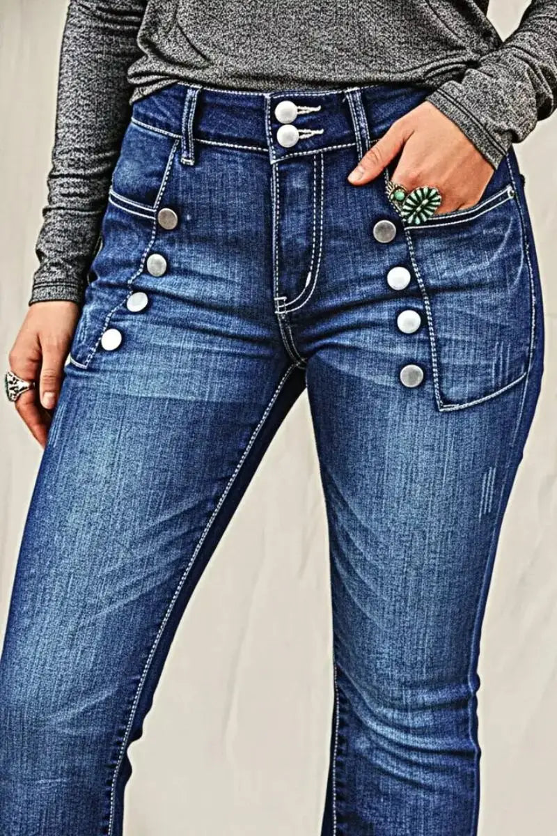 European and American women's jeans with trendy high street button design slim fit and slimming temperament micro flared pants