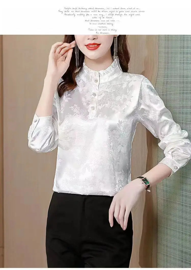 Premium Satin Blouse Women Spring Age-Reducing Print Loose Long Sleeve Top Fashion Elegant Collar Shirt