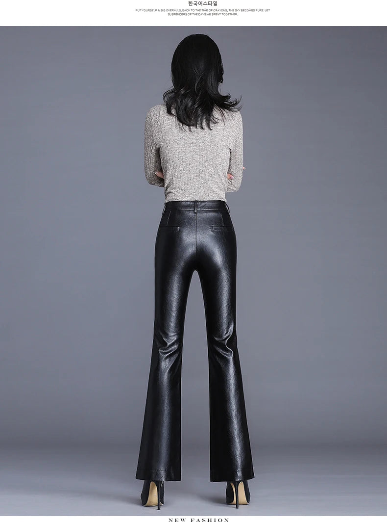 Women PU Leather Flared Trousers Female Autumn Winter Leather Pants High Waist Slim Streetwear Trousers Motorcycle Leather Pants