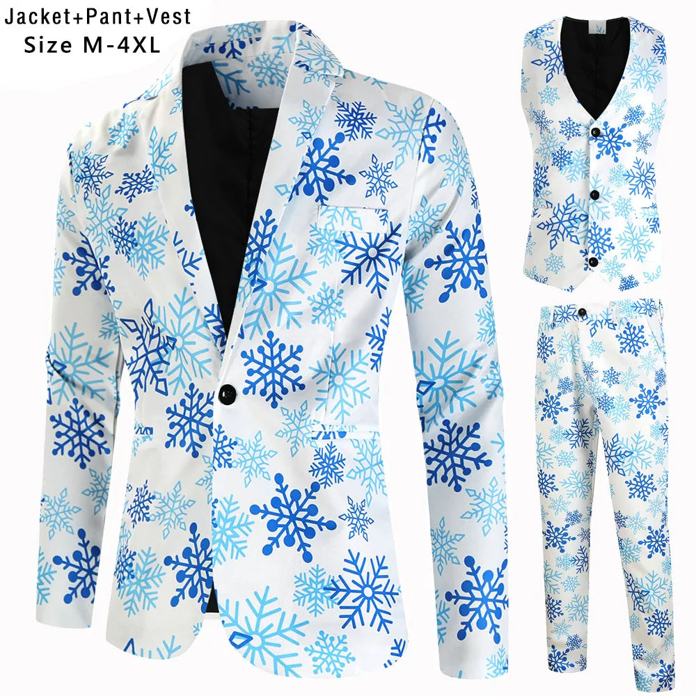 New Men's 3 Piece Christmas Sets Blazers+Vest+Pants 2026 Xmas Printed Men Suit Set Party Stage Dress Up Style Costume Streetwear