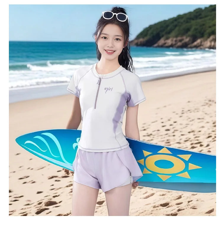 Summer New Girls Swimwear Teen Conservative Two Piece Sports Swimsuit for Developing Youth