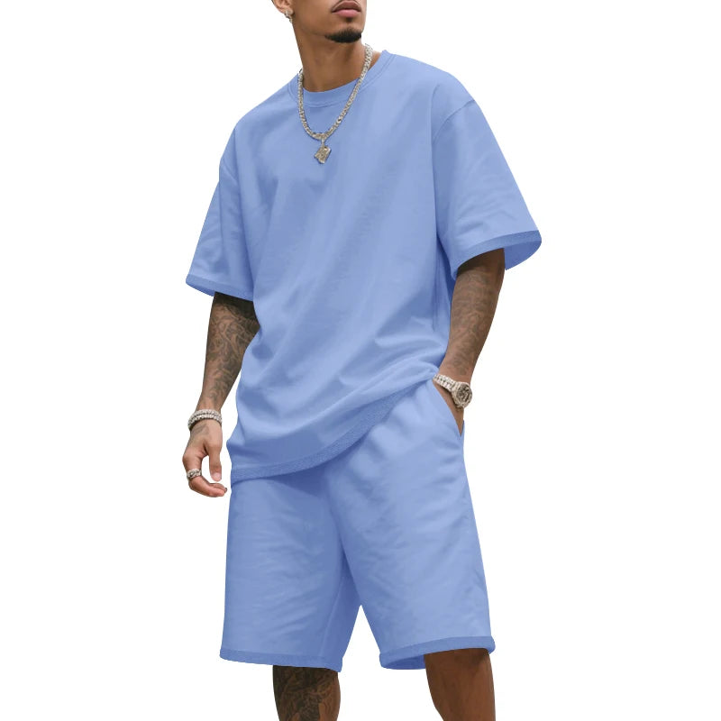 Men's two-piece clothing set, loose round-neck T-shirt and shorts set, casual sportswear, perfect for summer