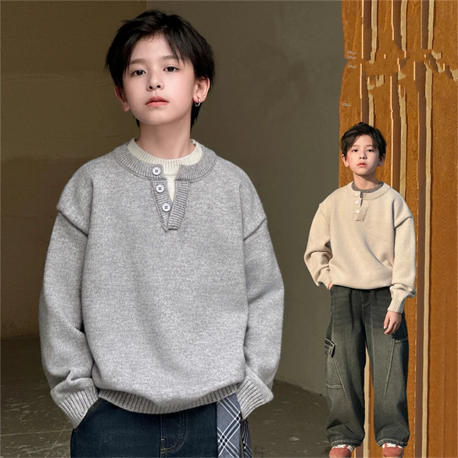 Child Minimalism Style V-Neck Sweater for Tween Boy Beige Grey Color Knitwear Korean Kids Spring Autumn Casual Knitted Clothing