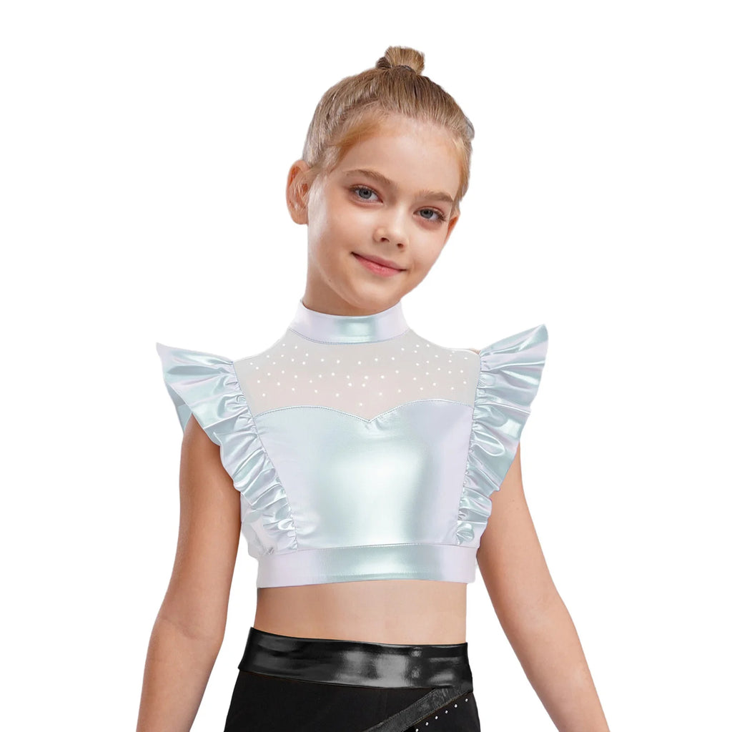 Kid Girls Hip Hop Dance Clothes Kids Jersey Sequin Tiered Skirt Long Tank Top Jazz Metallic Holographic Crop To Cheerleading Set
