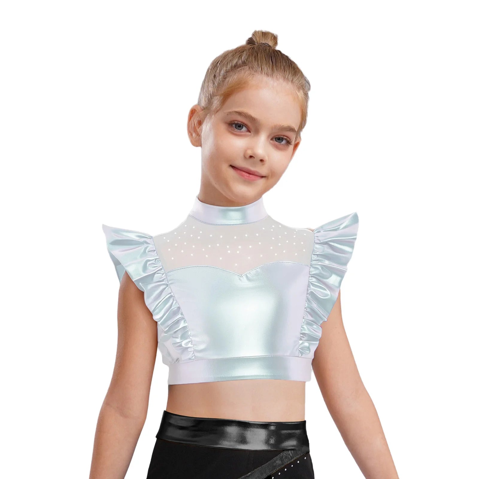 Kid Girls Hip Hop Dance Clothes Kids Jersey Sequin Tiered Skirt Long Tank Top Jazz Metallic Holographic Crop To Cheerleading Set