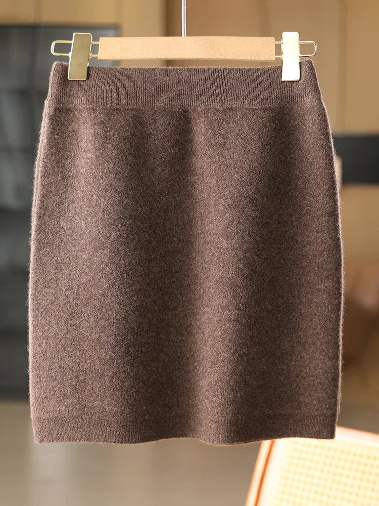 Women Wool Skirts Autumn Winter Office Lady Mini Slim Fit Skirt Elastic Waist 100% Merino Wool Knitted Cashmere Above Knee Dress