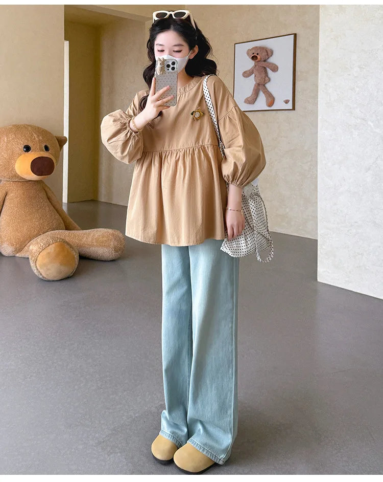 Maternity Blouse Spring Autumn Flower Round Neck Puff Long Sleeve Tops For Pregnant Women 2026 Loose Comfortable