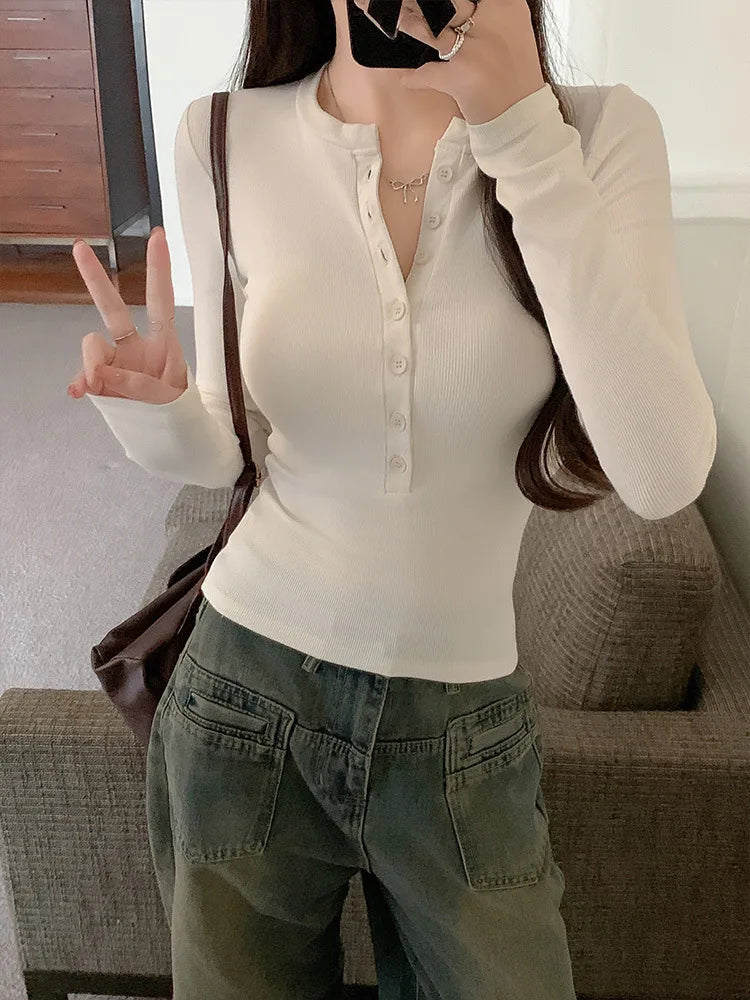 Sexy and Pure Button Up Long Sleeved T-shirt for Women, V-neck Slim Fit Bottom Top
