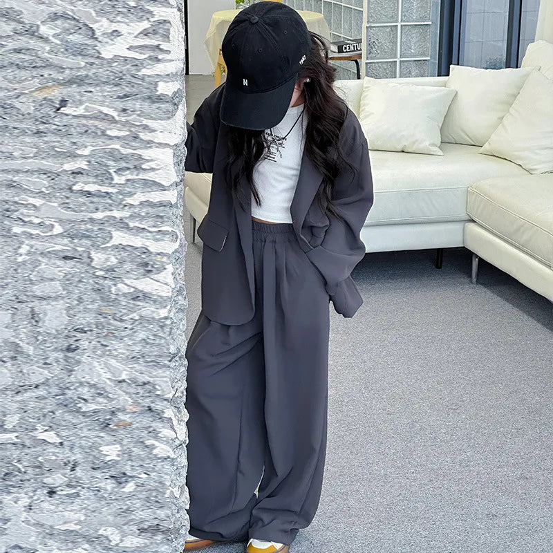 Girls Blazer Set Spring Autumn Fashion Loose Fit Jacket Trousers 2-Piece Kids Casual Outfit Trendy School Children Clothes Suit