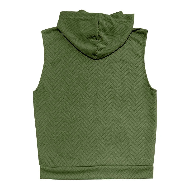 2026 Men's Casual 2 Piece Set Fashion Jacquard Knitted T-shirt Hooded Sleeveless Vest Elastic Waist Shorts Jogging Fitness Suit