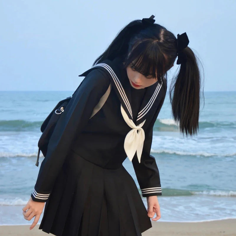 Women Sexy Black JK Suit Japanese School Uniforms Style S-3xl Student Girls Navy Costume  Sailor Blouse Pleated Skirt Set