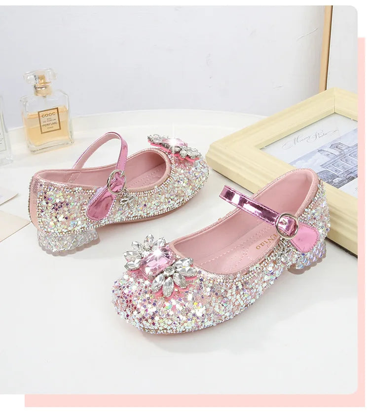 Girls Leather Shoes Fashion Flat Child New Sequin Flash Single Shoes Little Kids Crystal Princess Footwear Wedding Party Shoes