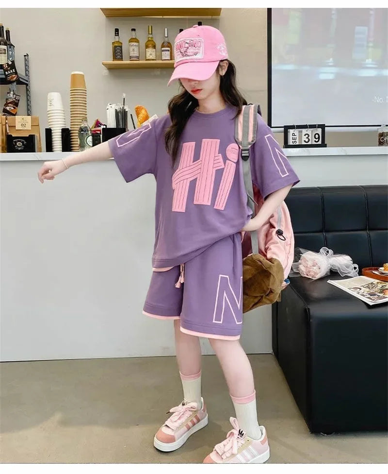 Girls T-Shirts Sets Clothes Kids Short Sleeve Tops+Shorts 2Pcs Children Clothes Suits Teen Loose Casual 2025 Outfits 5-14 Years