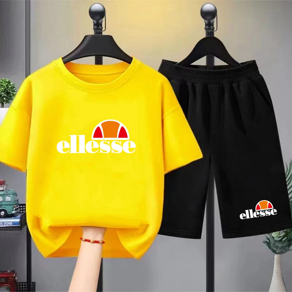 Kids Summer Boy Girl Round Neck T-shirt+Shorts Short-sleeved Toddler 3-12Y black Casual Sports Set Fashion Letter brand print