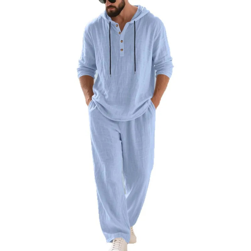 Men's Linen Hooded Sets 2 Piece Outfit Summer Casual Long Sleeve Hoodie and Wide Leg Pants Set for Men