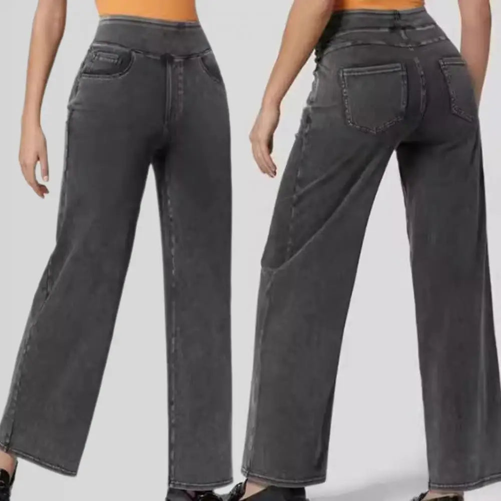 Women Jeans Elastic High Waist Slim Fit Slightly Flared Pull-On Wide Leg Long Denim Pants With Pockets Solid Color Female Jeans